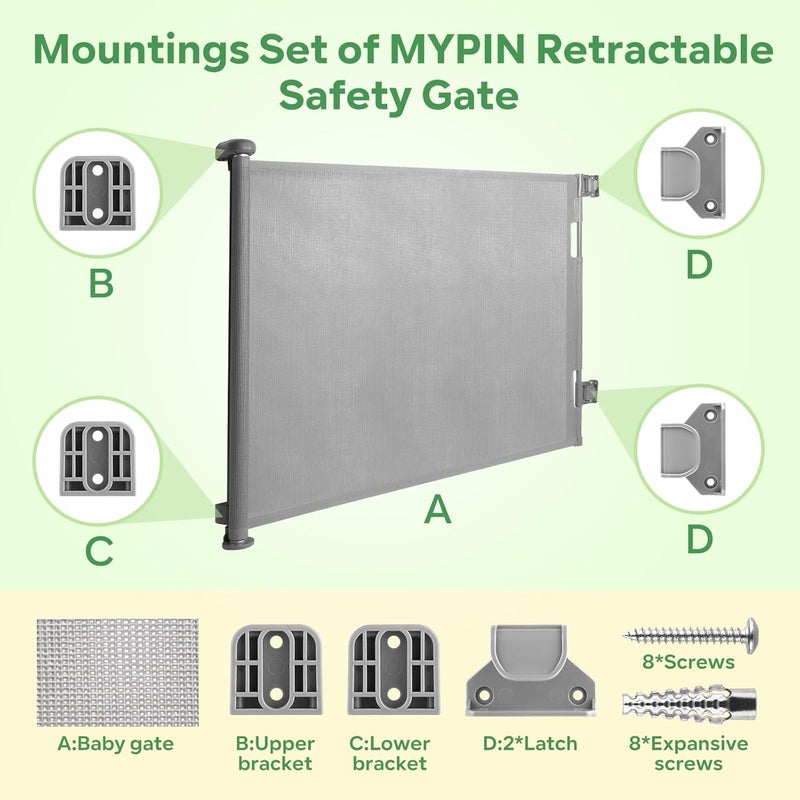 Mypin طقم قطع غيار بوابة الأطفال القابلة للسحب مع ملحقات تثبيت الحائط باللون الرمادي - Image 3
