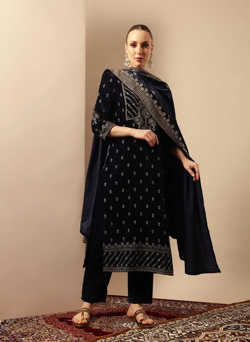 ISHIN Rich Navy Velvet Gold Print Straight Kurta sets with dupatta