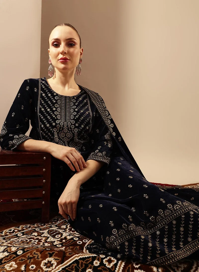 ISHIN Rich Navy Velvet Gold Print Straight Kurta sets with dupatta