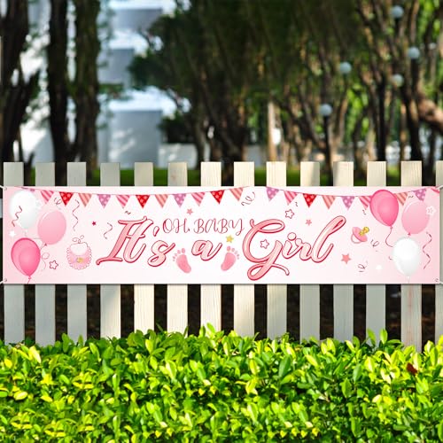 Blulu Its a Girl Banner Baby Shower Decorations Welcome Home Horizontal Pink Large Fabric It is a Banner Backdrop Background Shower Yard Sign Party Photo Booth Decorations 71 x 157 Inches - Image 1