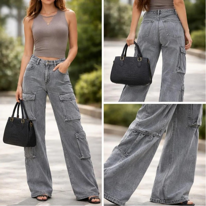 Women's High-Waist Wide Leg Cargo Jeans - Baggy Loose Fit Denim Pants with Multi-Pocket Utility Design - Grey