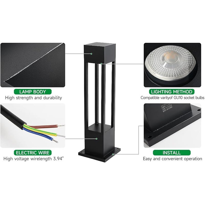 V.nice Outdoor Square Bollard Lights IP65 Waterproof Aluminum Garden Pathway Lights with GU10 Socket, 11.81/23.62/31.50in Options, Max 40W, for Yard Patio Driveway (Bulbs Not Included) - Image 3