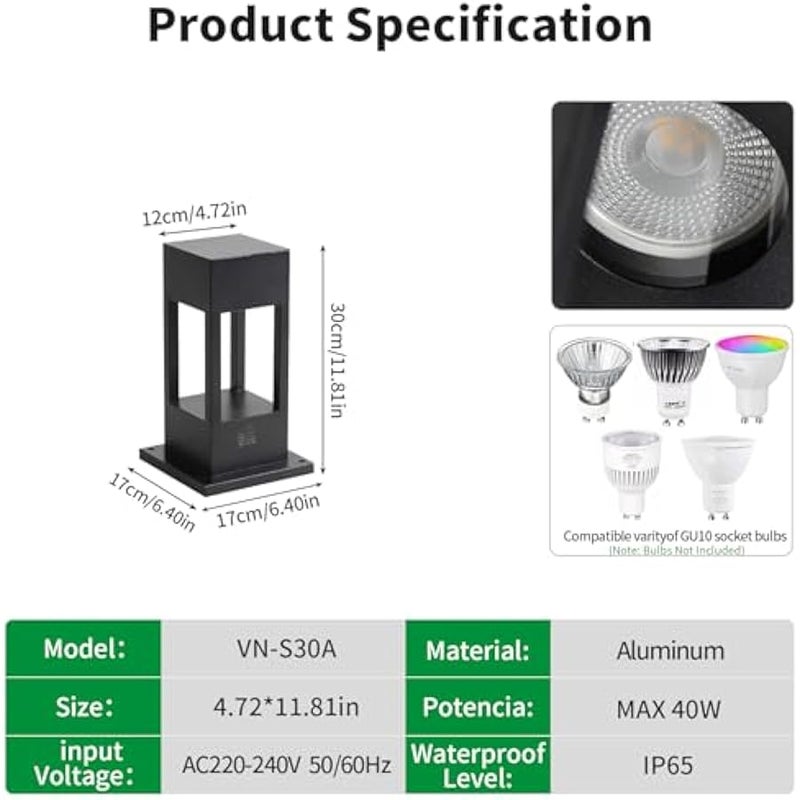 V.nice Outdoor Square Bollard Lights IP65 Waterproof Aluminum Garden Pathway Lights with GU10 Socket, 11.81/23.62/31.50in Options, Max 40W, for Yard Patio Driveway (Bulbs Not Included) - Image 2