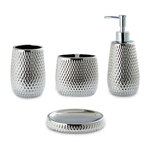 BASDHE Silver Bathroom Accessory Set 4 Piece Ceramic Bath Accessories Sets Complete, Rain- Drop Shaped Bathroom Essential with Toothbrush Holder & Dish, Tumbler, Soap Dispenser Set for Bath Decor - Image 1