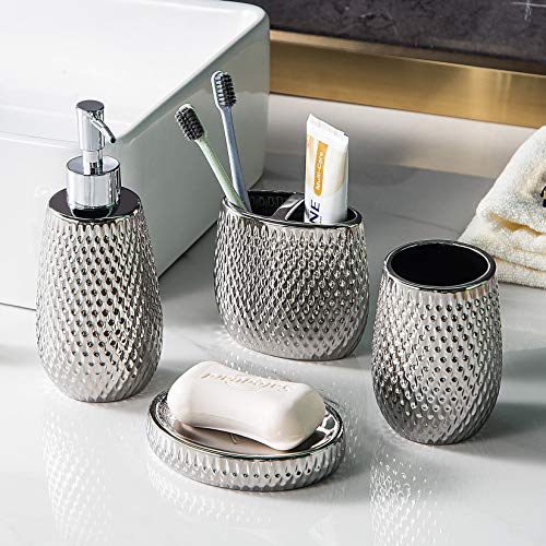 BASDHE Silver Bathroom Accessory Set 4 Piece Ceramic Bath Accessories Sets Complete, Rain- Drop Shaped Bathroom Essential with Toothbrush Holder & Dish, Tumbler, Soap Dispenser Set for Bath Decor - Image 2