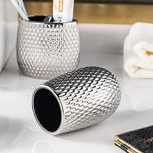 BASDHE Silver Bathroom Accessory Set 4 Piece Ceramic Bath Accessories Sets Complete, Rain- Drop Shaped Bathroom Essential with Toothbrush Holder & Dish, Tumbler, Soap Dispenser Set for Bath Decor - Image 5