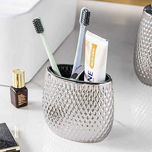 BASDHE Silver Bathroom Accessory Set 4 Piece Ceramic Bath Accessories Sets Complete, Rain- Drop Shaped Bathroom Essential with Toothbrush Holder & Dish, Tumbler, Soap Dispenser Set for Bath Decor - Image 3