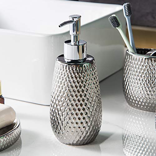 BASDHE Silver Bathroom Accessory Set 4 Piece Ceramic Bath Accessories Sets Complete, Rain- Drop Shaped Bathroom Essential with Toothbrush Holder & Dish, Tumbler, Soap Dispenser Set for Bath Decor - Image 4
