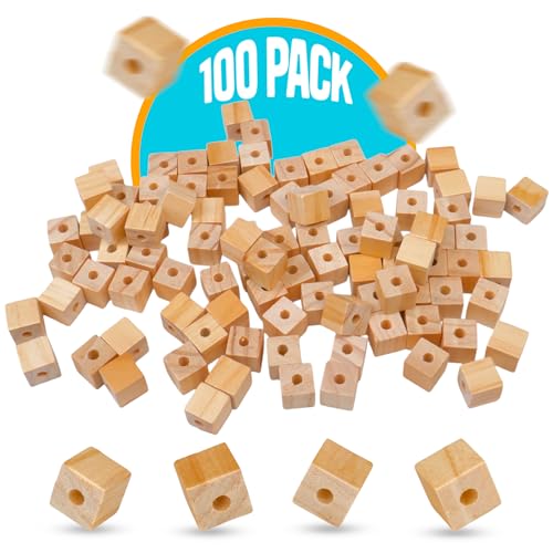 STEM Inventions 1/2" Wood Cubes with Holes - 100 Pack - Unfinished Solid Wood Beads for DIY Craft and Building Projects - Image 2