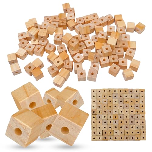 STEM Inventions 1/2" Wood Cubes with Holes - 100 Pack - Unfinished Solid Wood Beads for DIY Craft and Building Projects - Image 1