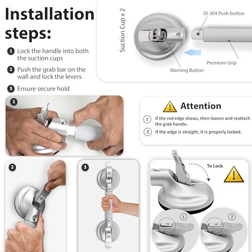 KosmoCare Suction Grab Bar | Tool Free Shower Handle | Portable Grab Bar | Safety Rail for Handicap Elderly Senior | Quick (Dis) Assemble | Heavy Duty | 17 inch Silver - Crest Series - Image 3