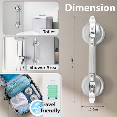 KosmoCare Suction Grab Bar | Tool Free Shower Handle | Portable Grab Bar | Safety Rail for Handicap Elderly Senior | Quick (Dis) Assemble | Heavy Duty | 17 inch Silver - Crest Series - Image 5