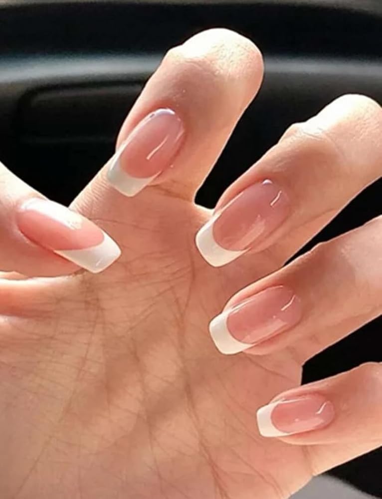 Suerte Press On Nails coffin square solid Color gradient glossy 24 pcs press on French nails long natural classic French white manicures fake nails with glue kit - Image 1