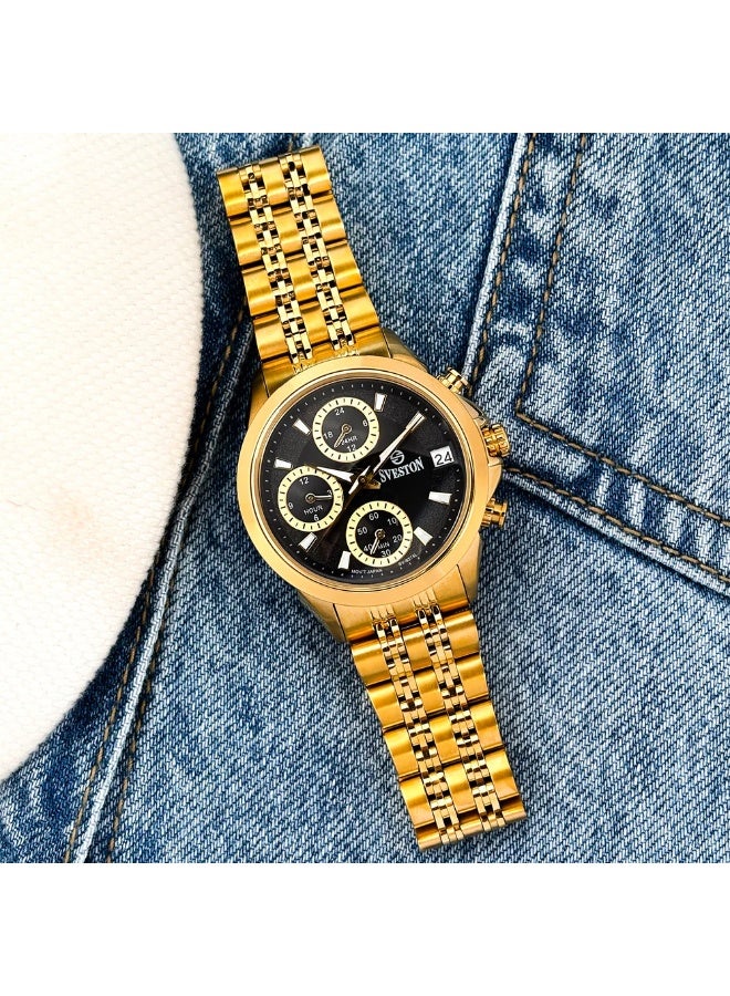 Sveston Luxury Men’s Gold Watch | Full Gold-Tone Stainless Steel Bracelet | Royal Black Chronograph-Style Dial with Day & Date Display | Precision Quartz Timepiece - Image 2