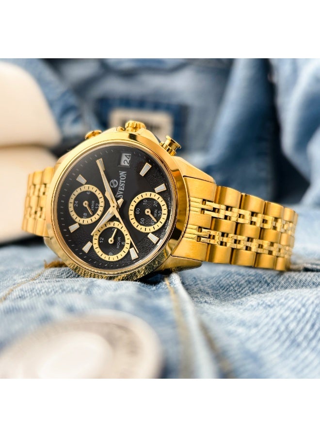 Sveston Luxury Men’s Gold Watch | Full Gold-Tone Stainless Steel Bracelet | Royal Black Chronograph-Style Dial with Day & Date Display | Precision Quartz Timepiece - Image 1