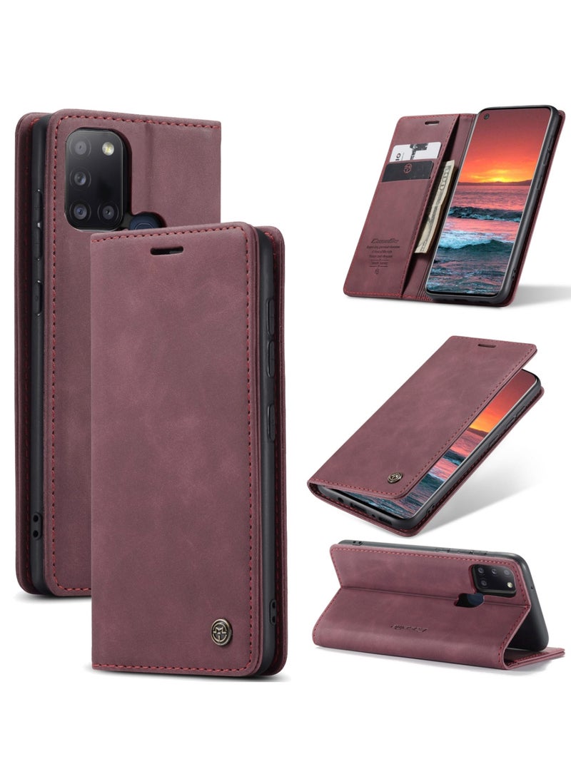 CaseMe Samsung Galaxy A21S Case Wallet Case Book Folding Flip Folio Case with Magnetic Kickstand Card Slots Protective Cover - Red Wine - Image 1
