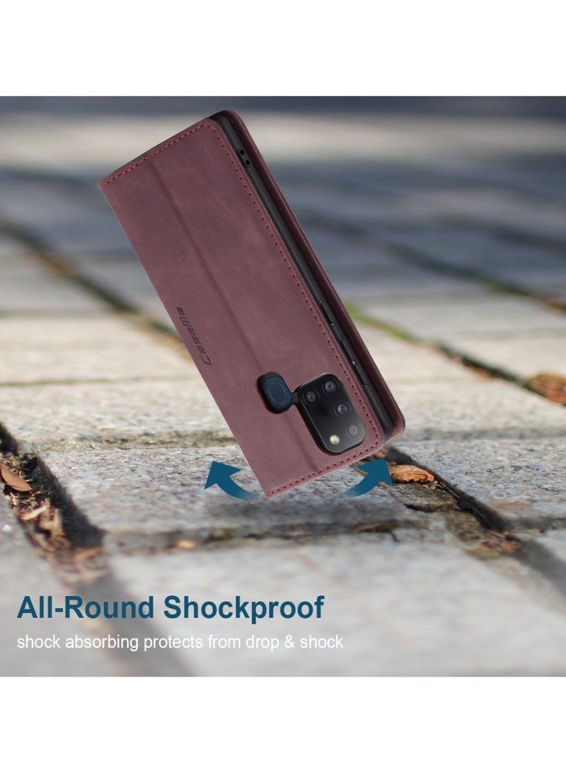 CaseMe Samsung Galaxy A21S Case Wallet Case Book Folding Flip Folio Case with Magnetic Kickstand Card Slots Protective Cover - Red Wine - Image 4