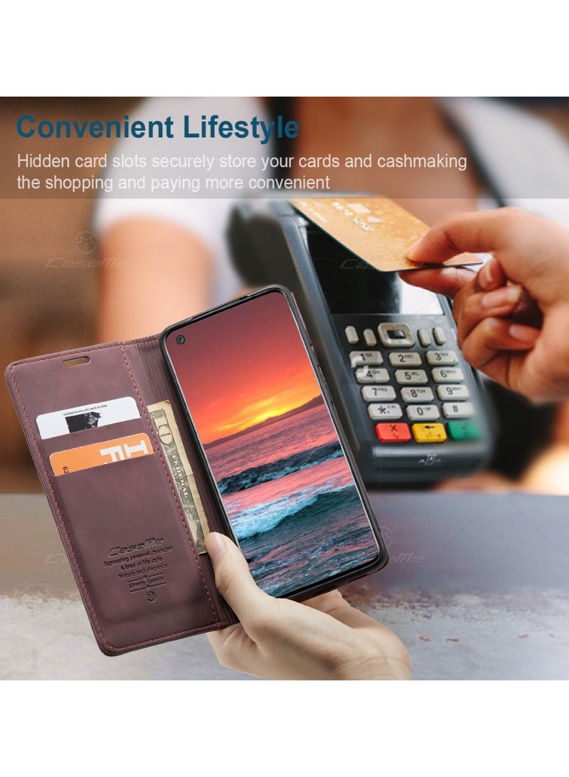 CaseMe Samsung Galaxy A21S Case Wallet Case Book Folding Flip Folio Case with Magnetic Kickstand Card Slots Protective Cover - Red Wine - Image 5