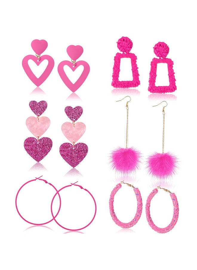 Batiyeer - 6 Pairs Valentine'S Day Pink Earrings Set Hot Pink Heart Earrings Boho Glitter Sequins Hoop Earrings Rabbit Fur Pom Pom Drop Earring Geometric Hoops Earring For Women Mother'S Day Gift - Image 1