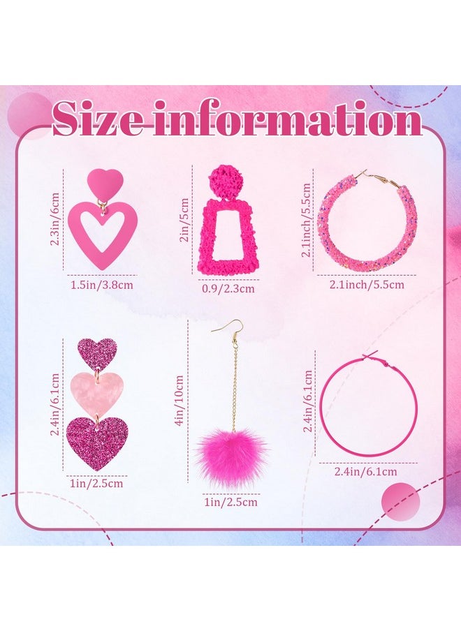Batiyeer - 6 Pairs Valentine'S Day Pink Earrings Set Hot Pink Heart Earrings Boho Glitter Sequins Hoop Earrings Rabbit Fur Pom Pom Drop Earring Geometric Hoops Earring For Women Mother'S Day Gift - Image 1