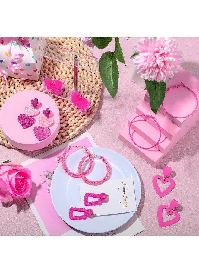Batiyeer - 6 Pairs Valentine'S Day Pink Earrings Set Hot Pink Heart Earrings Boho Glitter Sequins Hoop Earrings Rabbit Fur Pom Pom Drop Earring Geometric Hoops Earring For Women Mother'S Day Gift - Image 1