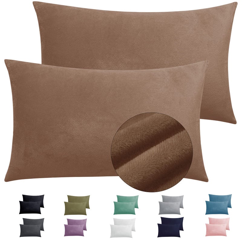 2 Pack Zippered Velvet Standard Pillowcases Super Soft and Cozy Luxury Fuzzy Flannel Pillow Cases with Zipper 20x26 Inches Brown