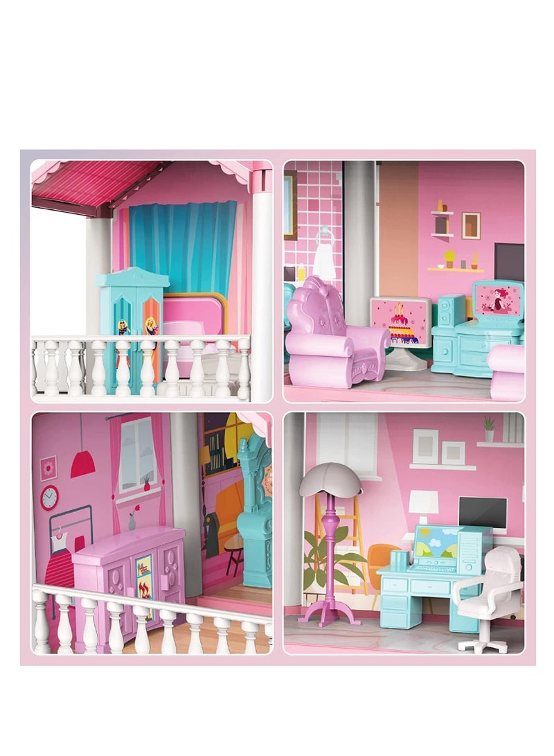 Doll House 4 Story 14 Rooms Dollhouse Building Toys with Lights to Assemble Kitchen, Bedroom, Furniture, Garden, Dolls, Pets, Pink Play Dream House for Girls, Girls Toddler DIY Ideas Gifts  - Image 3