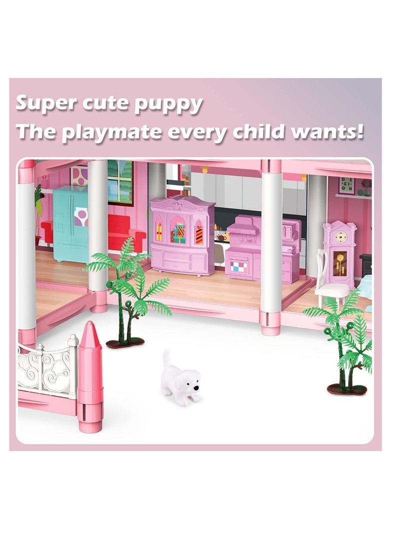 Doll House 4 Story 14 Rooms Dollhouse Building Toys with Lights to Assemble Kitchen, Bedroom, Furniture, Garden, Dolls, Pets, Pink Play Dream House for Girls, Girls Toddler DIY Ideas Gifts  - Image 5