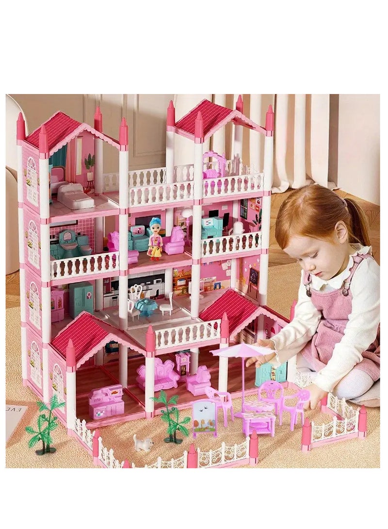 Doll House 4 Story 14 Rooms Dollhouse Building Toys with Lights to Assemble Kitchen, Bedroom, Furniture, Garden, Dolls, Pets, Pink Play Dream House for Girls, Girls Toddler DIY Ideas Gifts  - Image 1