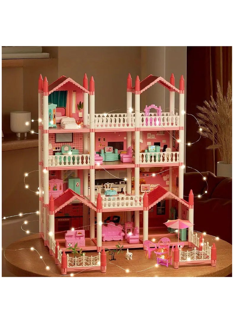 Doll House 4 Story 14 Rooms Dollhouse Building Toys with Lights to Assemble Kitchen, Bedroom, Furniture, Garden, Dolls, Pets, Pink Play Dream House for Girls, Girls Toddler DIY Ideas Gifts  - Image 2