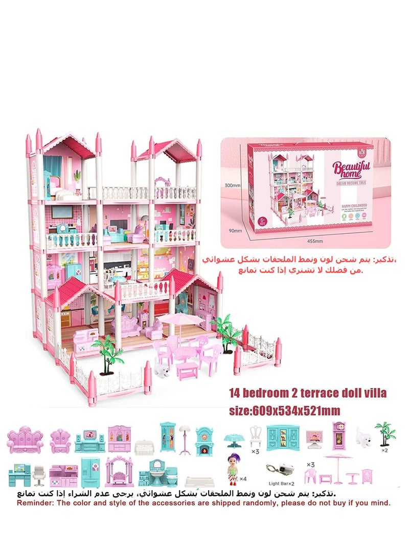 Doll House 4 Story 14 Rooms Dollhouse Building Toys with Lights to Assemble Kitchen, Bedroom, Furniture, Garden, Dolls, Pets, Pink Play Dream House for Girls, Girls Toddler DIY Ideas Gifts  - Image 4