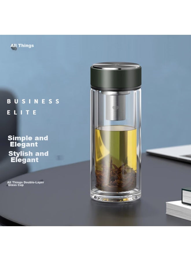 Wanxiang Double-layer Heat-resistant Glass Cup With Filter Mesh, Business Office Holiday Gift, Large Capacity Black-green Portable Car Tea Cup - Image 1