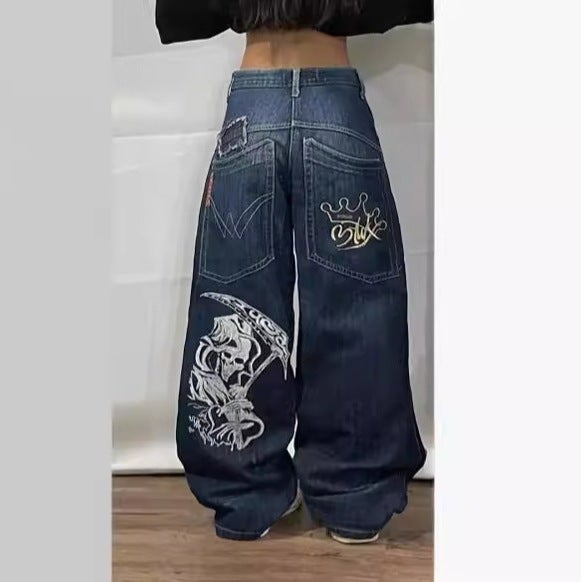 LAZAD AliExpress Amazon Source E-commerce Y2K Gothic Jeans Mens American High Street Personality Pattern Wide N30 dark blue 