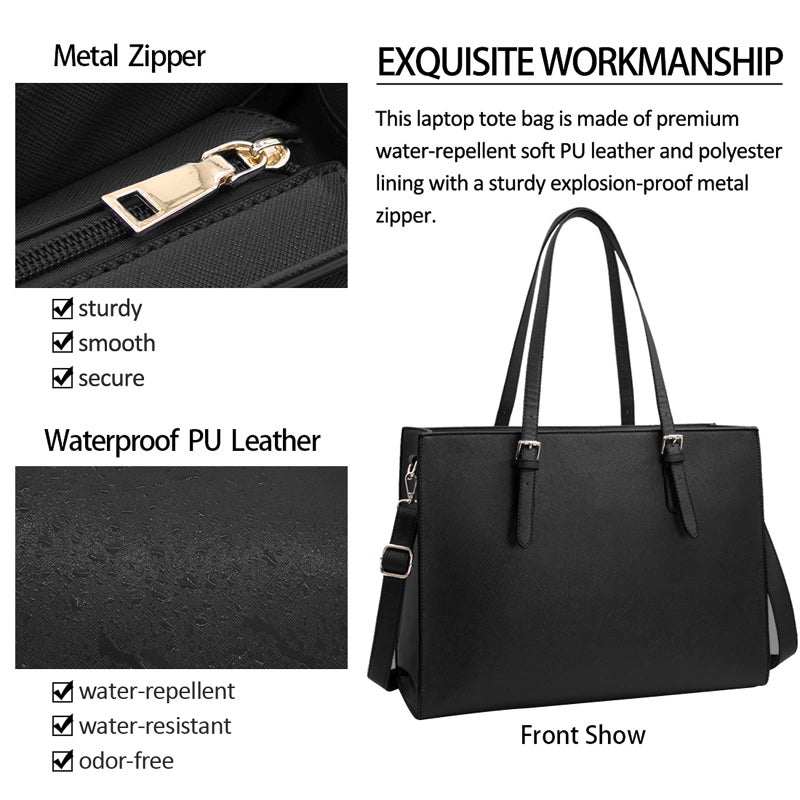 NUBILY Laptop Bag for Women Waterproof Lightweight Leather 15.6 Inch Computer Tote Bag Business Office Briefcase Large Capacity Handbag Shoulder Bag Professional Office Work Bag Black - Image 2