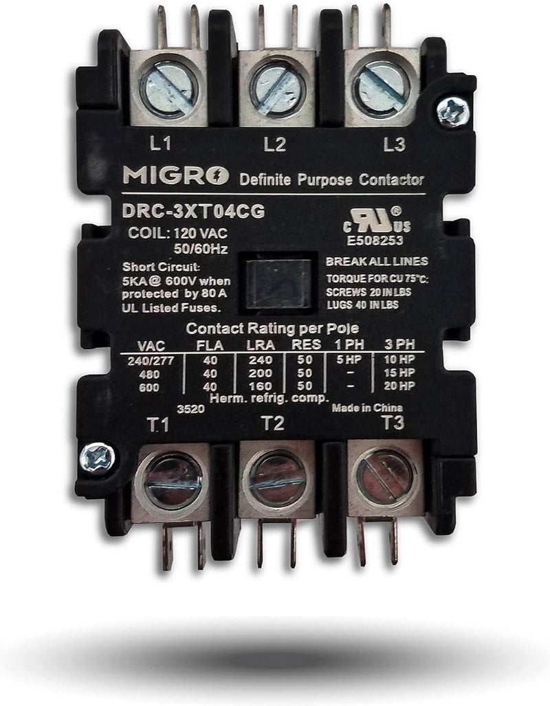 Migro 3 Pole, 40 Amps, 110/120 VAC Coil Heavy Duty AC Contactor Replaces Virtually All Residential 3 Pole Models - Image 1