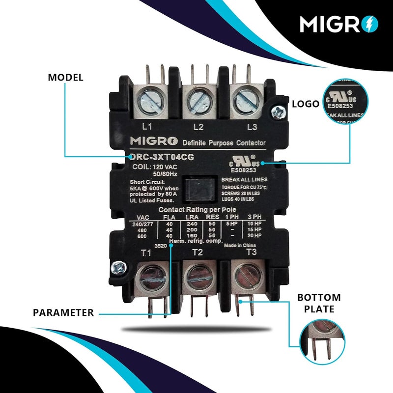 Migro 3 Pole, 40 Amps, 110/120 VAC Coil Heavy Duty AC Contactor Replaces Virtually All Residential 3 Pole Models - Image 3