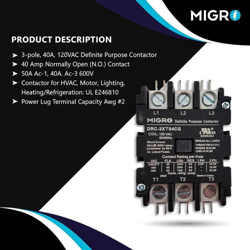 Migro 3 Pole, 40 Amps, 110/120 VAC Coil Heavy Duty AC Contactor Replaces Virtually All Residential 3 Pole Models - Image 2