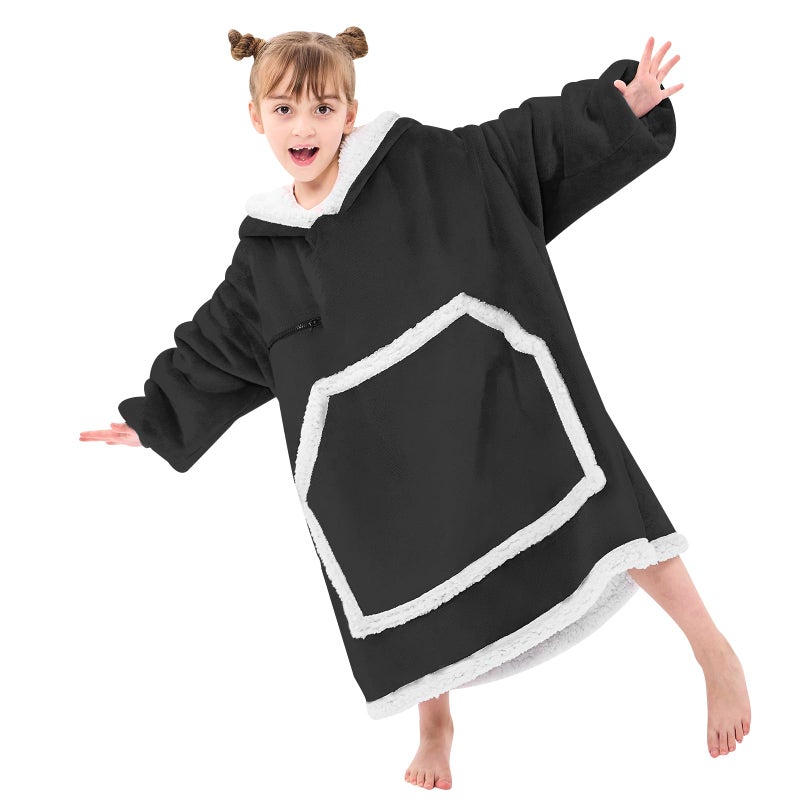 IFNOW Wearable Blanket Hoodie For Kids  Blanket Hoodie For Kids With Hood And Pockets  Girls Oversized Hoodie Blanket As Gifts For Teens Girls Boys Birthday Christmas (Black) - Image 1
