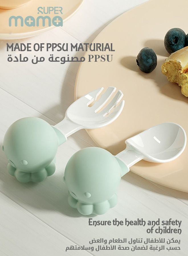 SUPERMAMA Baby Fork and Spoon Set, Silicone Self Feeding Utensil Easy Grip Toddler Cutlery Kit with carrying Case BPA-Free Anti-Choke for Infant Children First Led Training Weaning, 6-12 Month - Image 1