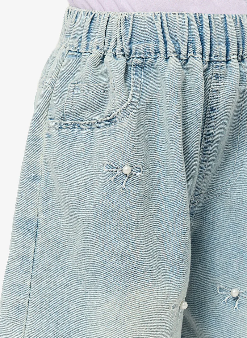 Pinata  Bow-Pearl Embellished Denim Shorts for Women | Best Price UAE