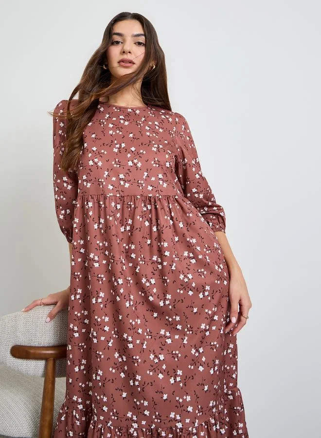 Take Two Brown Ditsy Print A-Line Midi Dress