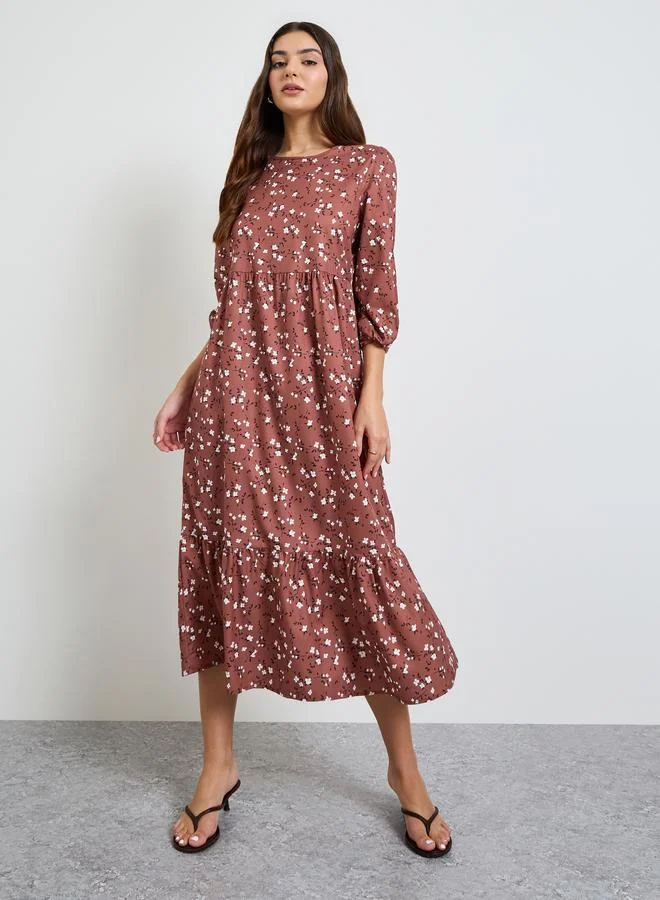 Take Two Brown Ditsy Print A-Line Midi Dress