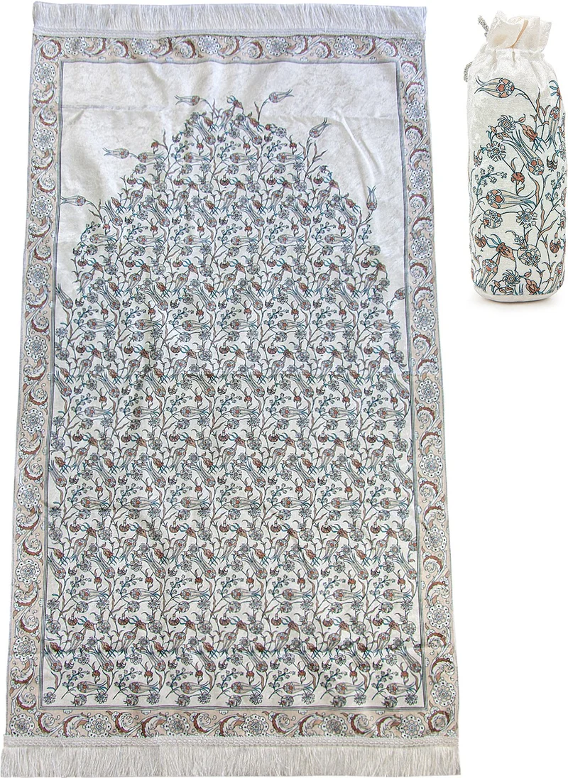 İhvan Online Silk Textured Tulip Embroidered Prayer Rug with Carrying Bag - Cream