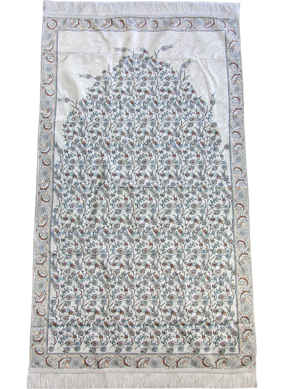 İhvan Online Silk Textured Tulip Embroidered Prayer Rug with Carrying Bag - Cream