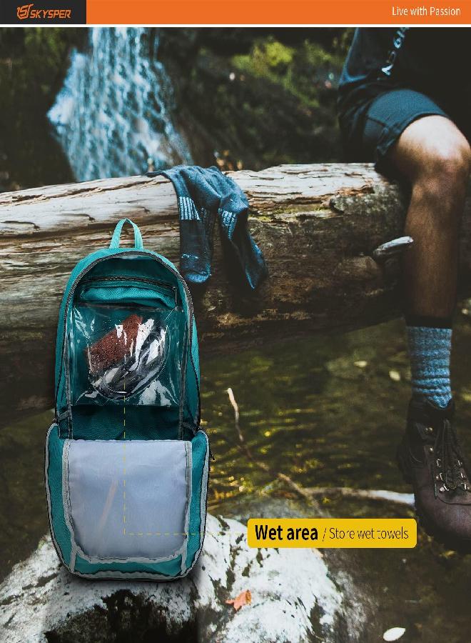 SKYSPER Lightweight Packable Backpack 30L Hiking Daypack With Wet Pocket Foldable Travel Carry-On Backpack Cyan  - Image 3