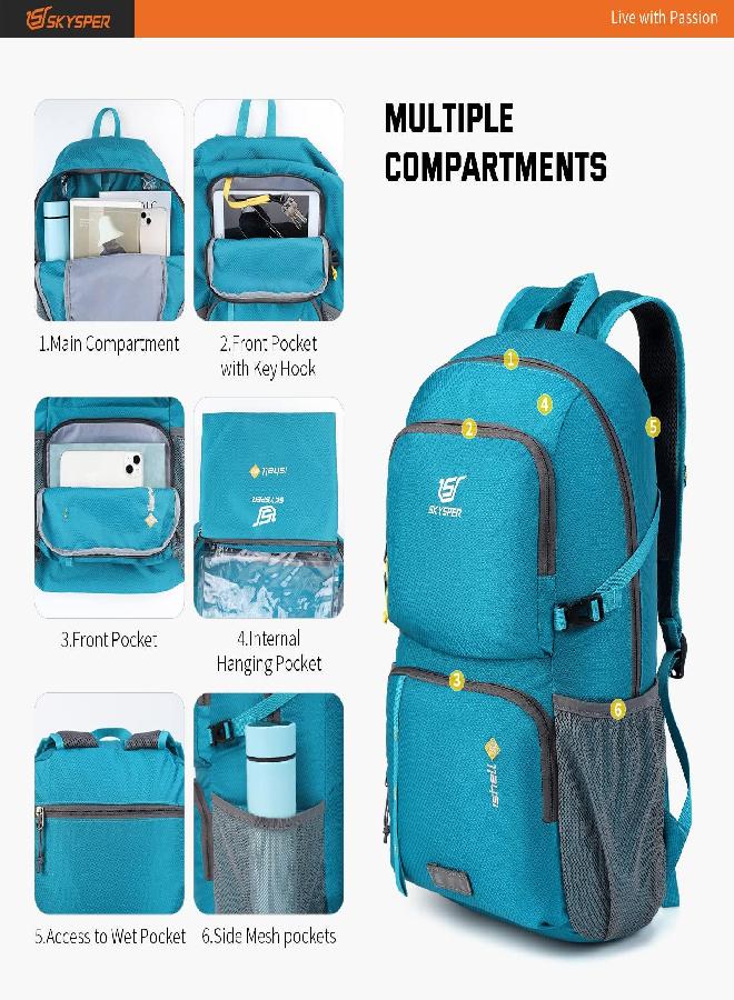 SKYSPER Lightweight Packable Backpack 30L Hiking Daypack With Wet Pocket Foldable Travel Carry-On Backpack Cyan  - Image 2