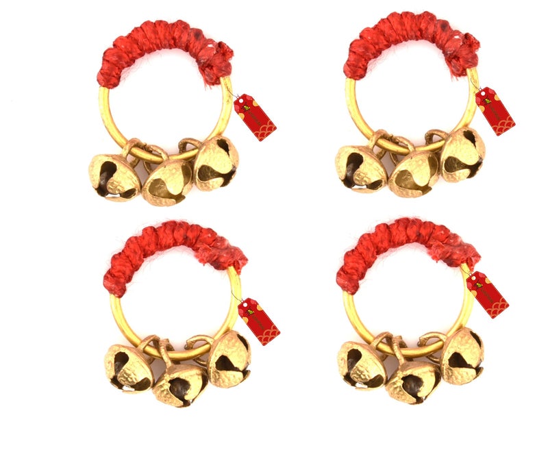 UAPAN Brass Ghungroo Kadi Fingers for Puja Aarti Hand Finger Clapping Ring Cymbals Pooja Bhajan Set Pair Musical Instrument(Red pack of 2 pair) - Image 1