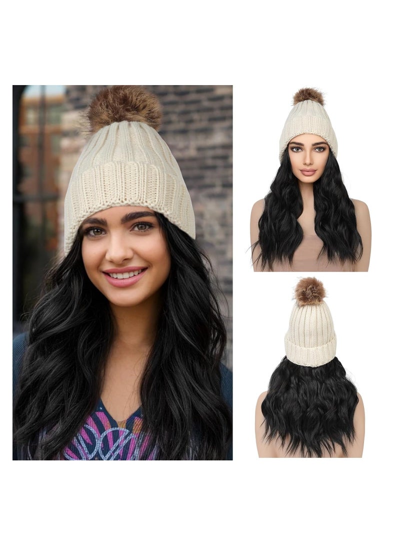 SYOSI Beanie Hat Wig, Warm Knitted Beige Beanie Hat with 14" Wavy Hair Extension Synthetic Hairpiece for Women, Beige Beanie, Hat with Hair Long Wavy Curly Warm Knitted Beanie Hat Wig for Girls Winter  - Image 1