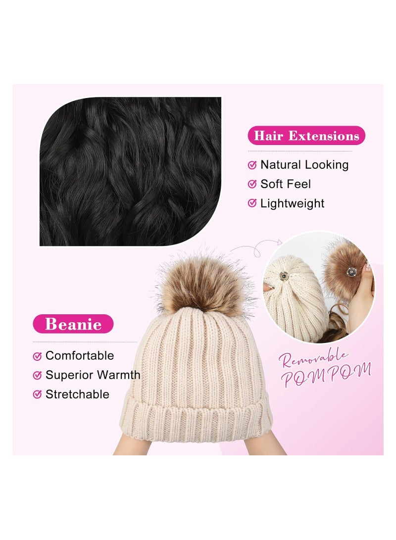 SYOSI Beanie Hat Wig, Warm Knitted Beige Beanie Hat with 14" Wavy Hair Extension Synthetic Hairpiece for Women, Beige Beanie, Hat with Hair Long Wavy Curly Warm Knitted Beanie Hat Wig for Girls Winter  - Image 4