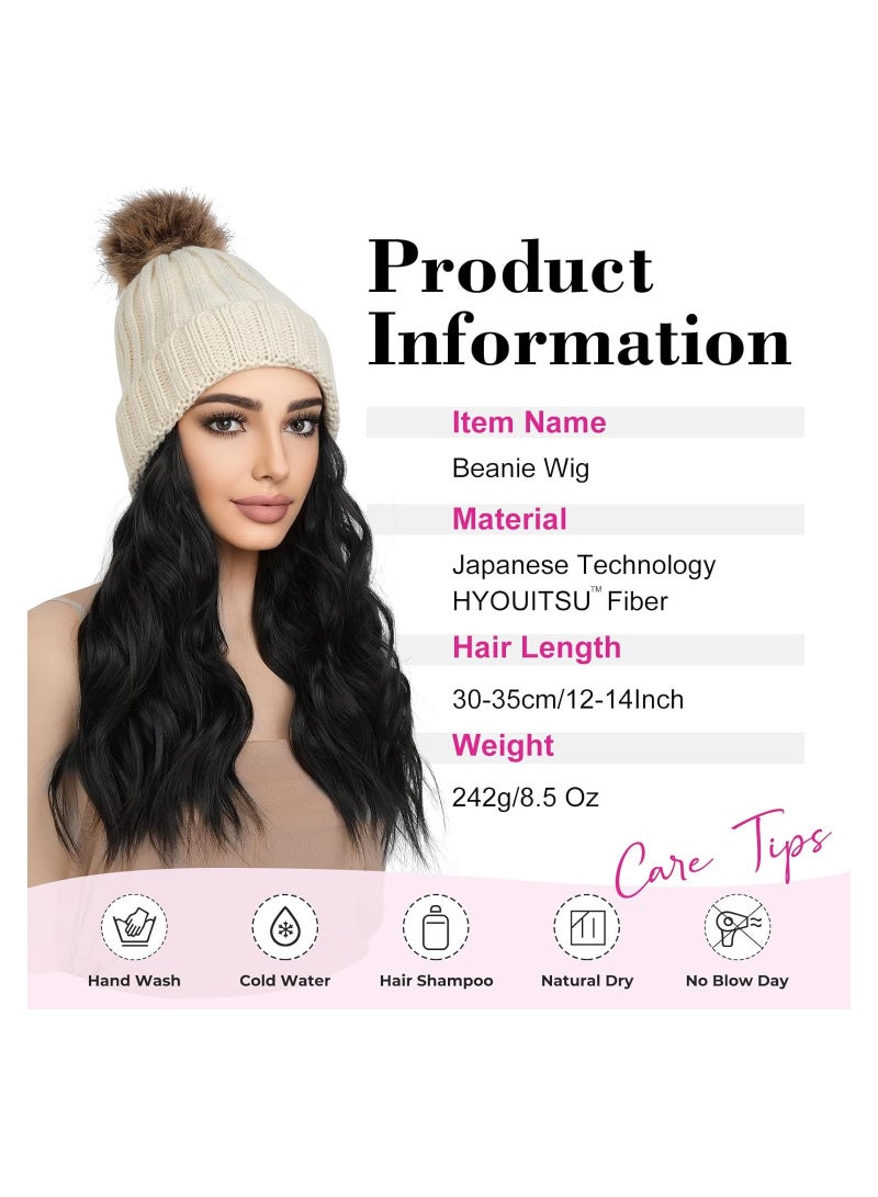 SYOSI Beanie Hat Wig, Warm Knitted Beige Beanie Hat with 14" Wavy Hair Extension Synthetic Hairpiece for Women, Beige Beanie, Hat with Hair Long Wavy Curly Warm Knitted Beanie Hat Wig for Girls Winter  - Image 2